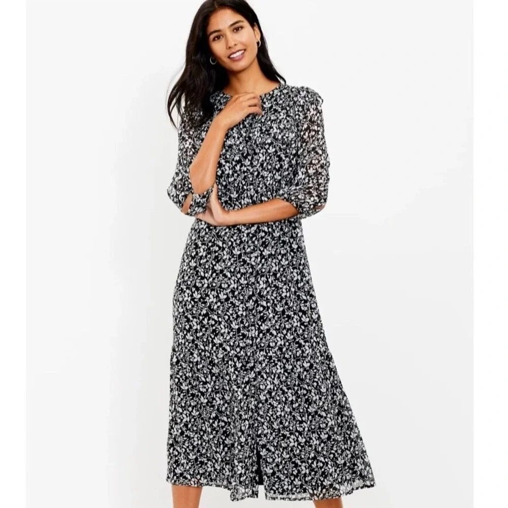 LOFT Black White Floral Ruffle Midi Dress 3/4 Sleeve Large